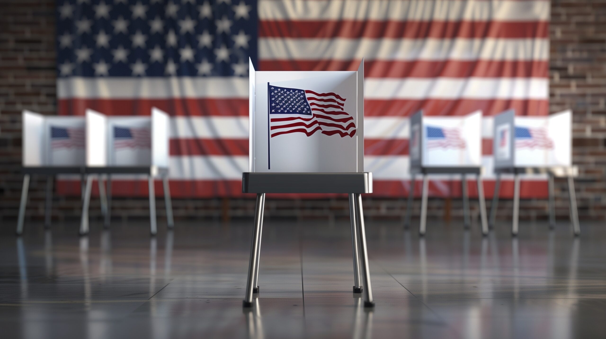 An image of a polling place with American flags everywhere.