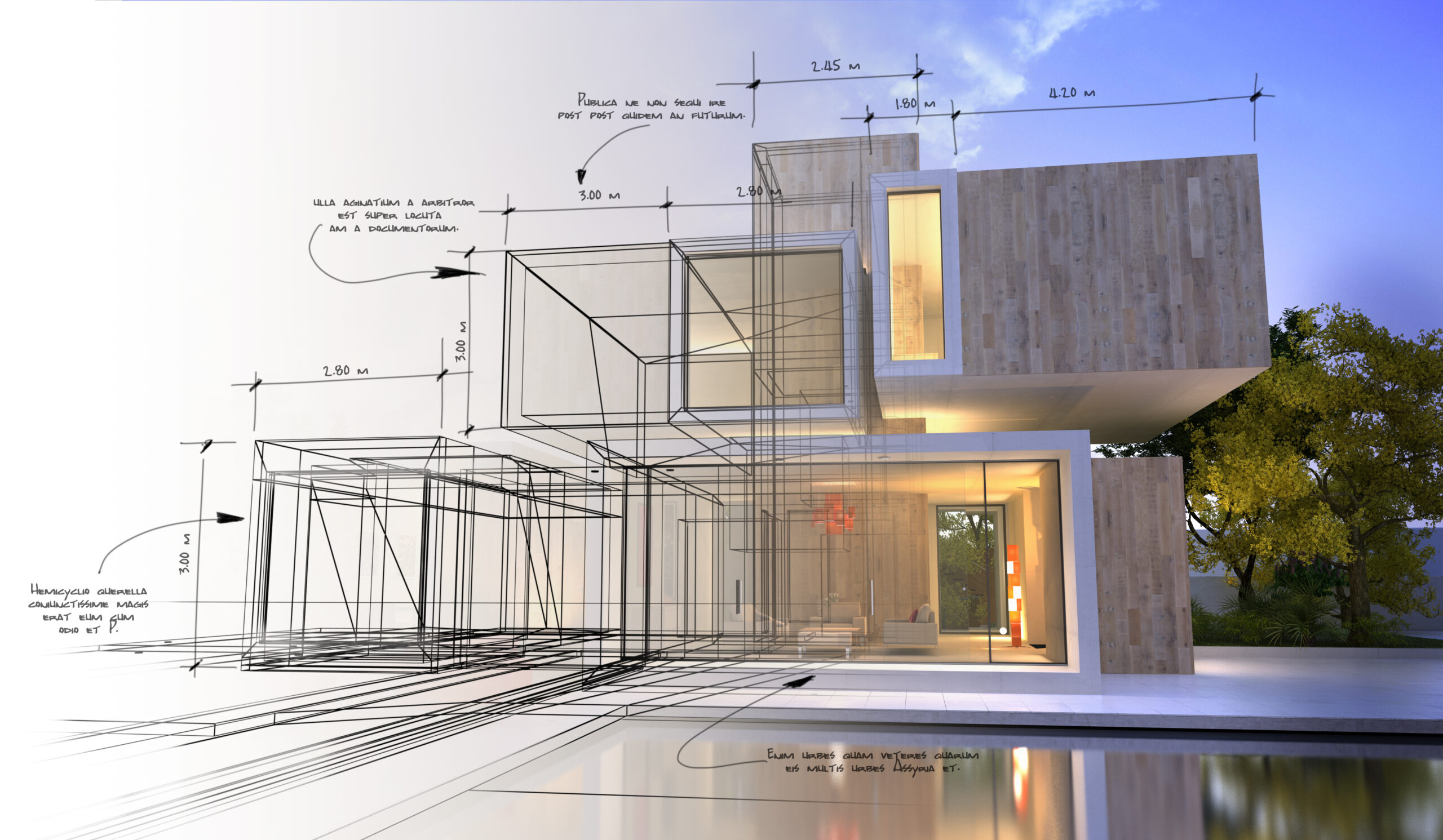 Mix of 2D and 3D rendering of an architectural design